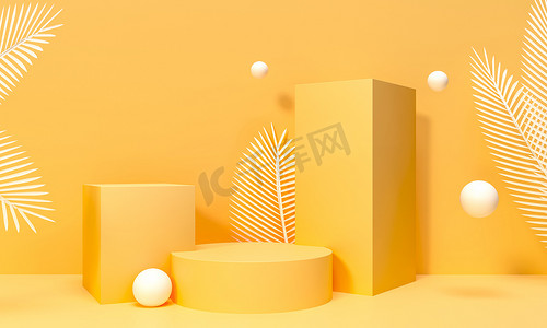 走道和架子。棕榈树叶子表面多汁.3D渲染说明。品牌推广产品的Podium步骤。创意黄色背景的广告展示.站在基座上模仿