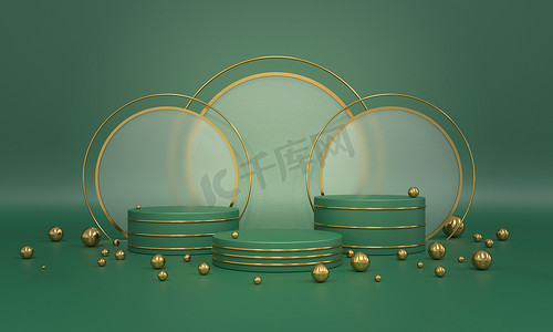 Three podiums, three green background coasters with golden balls, spheres and three glass circles. Premium background for advertising goods, items. Stylish fashion illustration, graphic design -3D, render.