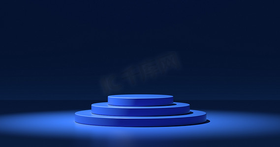 产品广告空白圆形蓝色平台的Closeup视图。3D阴影基座，顶部光线。深蓝色背景.