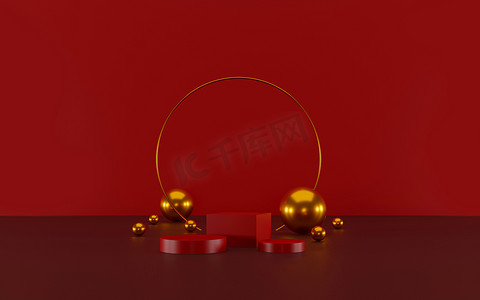 红色文字背景摄影照片_几何形状的最小场景。圆筒红色讲台显示和金球或产品的模型在深红色的背景。文字空间。3D插图