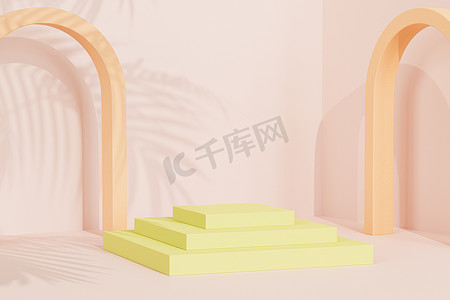 带有拱门的柱状花冠或基座，用于制作产品或在带有热带叶影的棕榈米色背景上做广告，3D插图渲染