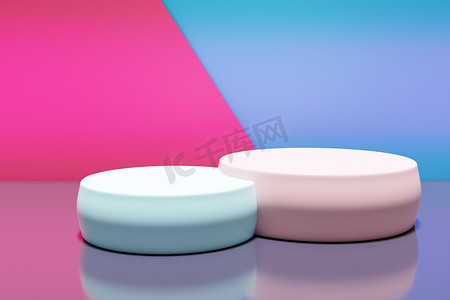 用粉色和蓝色背景几何构图从两个圆圈勾画出三维讲台的图解。3D渲染。夏季简约背景