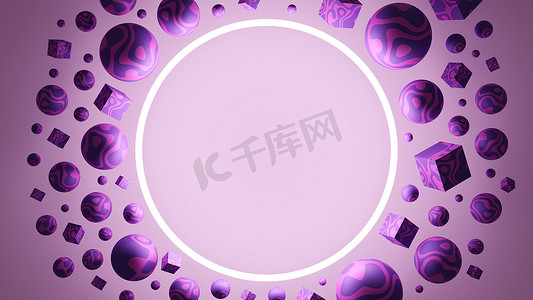 粉色文本框摄影照片_圆框周围的粉色球体.3D说明.