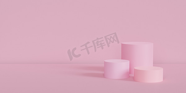 or摄影照片_Pink podiums or pedestals for products or advertising on pastel banner background with copy space, 3d render