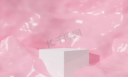 粉红可爱摄影照片_摘要粉红粉刷背景场景中的白色舞台,波浪形曲线.可爱的3D渲染平台,基座,空白模型和展示产品销售.最低限度设计.