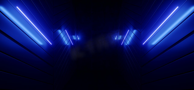 lines摄影照片_Neon Led Tube Lines laser Electric Blue Glowing Sci Fi Futuristic Hanar Tunnel Corridor Underground Realistic Cyber Alien Spacship Background 3D Rendering Illustration