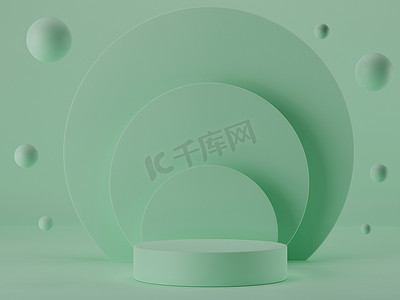 带圆球和圆形的灰绿色背景上三维渲染圆柱形讲台.