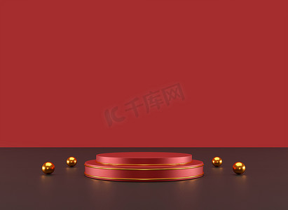 几何形状的最小场景。圆筒红色讲台显示和金球或产品的彩色背景模型。文字空间。3D插图
