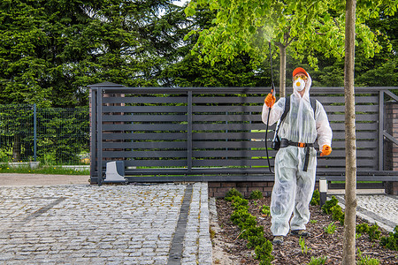 Fungicides and Insecticide Backyard Garden Trees by Professional Garden Worker Wearing Protective Suit and Glasses and Breathing Mask. Landscaping and Gardening Theme.