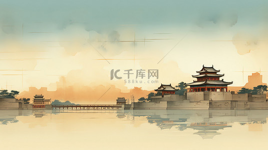 古代建筑背景图片_中国古代建筑古典工笔画3