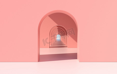 3D渲染。拱廊简朴的几何背景,建筑走廊,门廊,拱廊内的空墙.现代最低概念