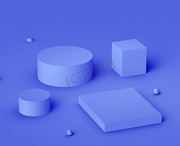 3D皇家蓝紫色平台最小工作室背景。摘要三维几何形体图解绘制.化妆品及美容美发产品展示.