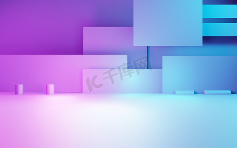 紫色3d几何摄影照片_紫色和蓝色抽象几何背景的3D渲染。网络朋克的概念。广告、科技、展示、横幅、化妆品、时尚、商业等领域的舞台.Sci-Fi Illustration 。产品展示