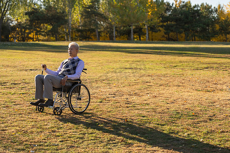 公园内坐轮椅的老年人晒太阳