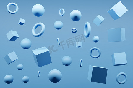 特写3D蓝色单色插图。不同的几何形状:立方体、圆柱体、球体放置在同一距离上.简单的几何形状飞行