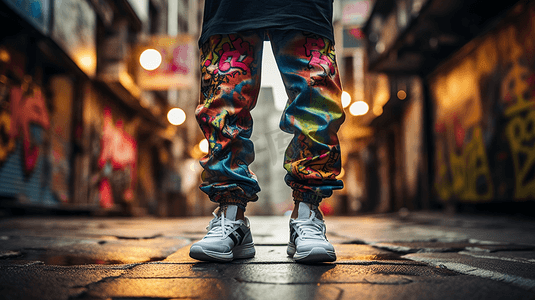 潮流街头摄影照片_穿着涂鸦裤子的人站在街道上