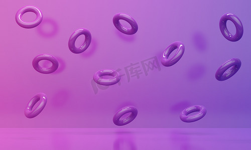 促销3d摄影照片_明亮的粉色和淡紫色的抽象背景与飞行的戒指。产品促销的备份设计.3d渲染