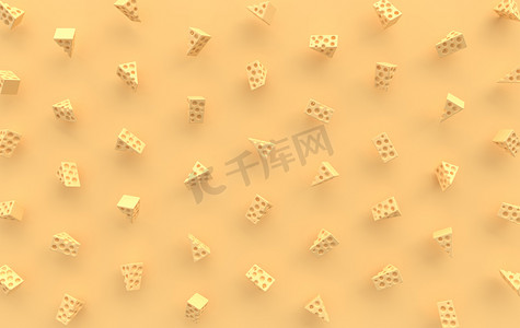 许多Maasdam奶酪碎片在黄色背景3D渲染。一堆玩具芝士片
