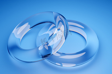蓝色背景透明结婚戒指的3D图像。无限大符号中的环状几何形状.爱情和忠诚的象征，情人的结合