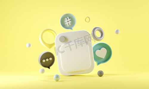 带有爱情的相框像黄色背景上的注释hashtag按钮, 3D插图.社交媒体营销概念