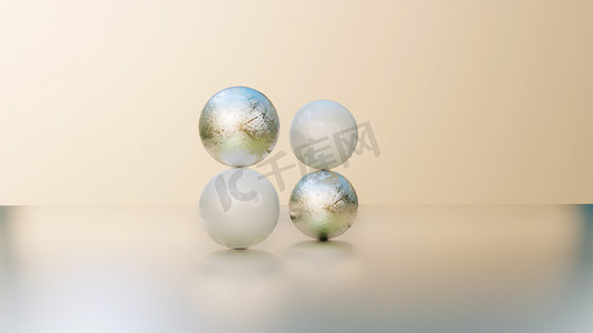 白色和银色的球体一个接一个地放在另一个之上。抽象的作文。3D渲染说明