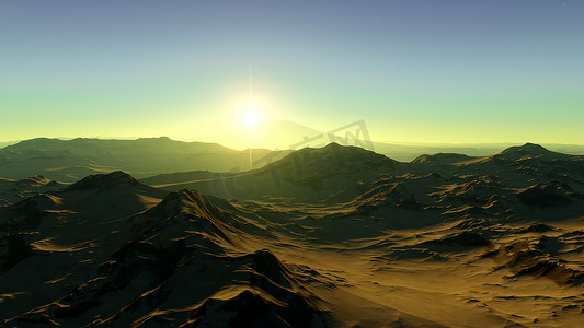 山脉3d摄影照片_一个遥远的行星的表面，抽象的，精致的计算机表面，遥远星球的山脉，高地3D渲染