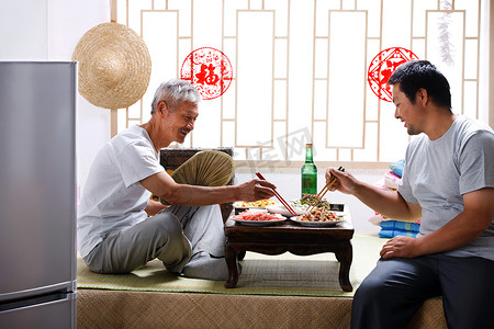 冰箱电器摄影照片_农民父子坐在家中吃饭