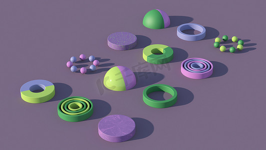 圆形的形状摄影照片_紫色和绿色圆形的形状。摘要说明，3D渲染.