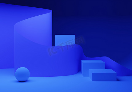 蓝色霓虹灯背景。背景抽象几何元素。蓝色背景上的三维球和平行四边形。带有霓虹灯光芒的纹理图案。产品展示会摊位
