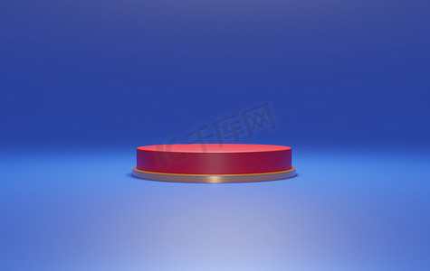 文摘:背景红色圆形讲台空舞台，模拟场景几何形状讲台，用于蓝色背景的产品展示。3D渲染