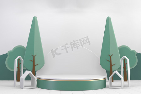 现代圆柱体的绿色和装饰卡通风格。 3D渲染