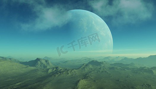 3D渲染的空间艺术：异形行星-蓝天蓝云幻景