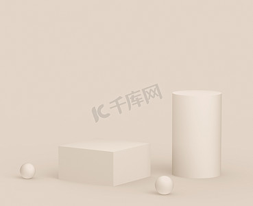 3D棕色乳白色舞台讲台现代最小设计工作室背景。摘要三维几何形体图解绘制.展示化妆品时尚产品.自然色彩色调.