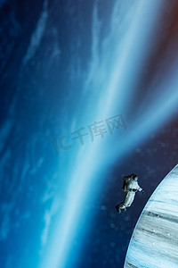 蓝色科幻数码摄影照片_宇航员遨游外太空