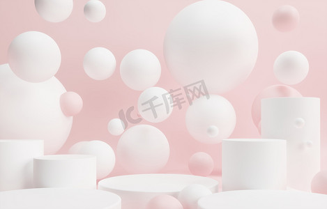 嚼口香糖泡泡动态弹跳球，复制文本空间。粉红的背景广告.平台，模板的展览基地。甜糖果- 3D渲染说明 