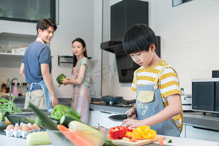 食物清新摄影照片_年轻父母教儿子学做饭