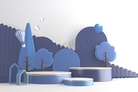 蓝色现代圆柱形花坛蓝白色装饰卡通风格。 3D渲染