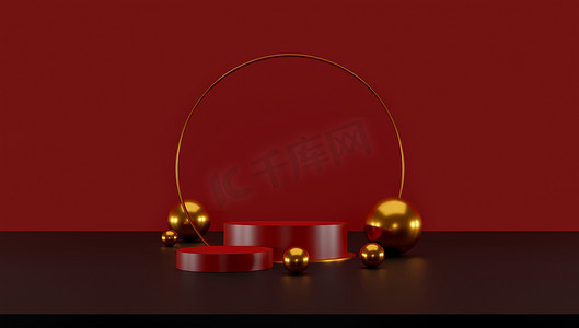 深红色背景摄影照片_几何形状的最小场景。圆筒红色讲台显示和金球或产品的模型在深红色的背景。文字空间。3D插图