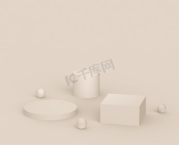 3D棕色乳白色舞台讲台现代最小设计工作室背景。摘要三维几何形体图解绘制.展示化妆品时尚产品.自然色彩色调.