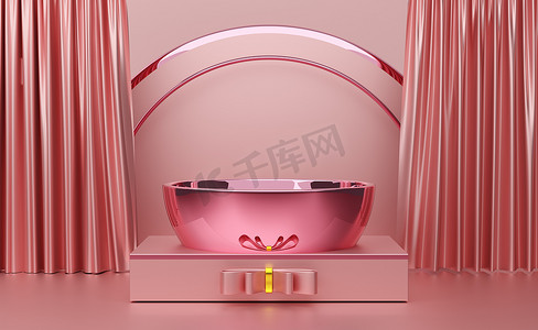 粉色窗帘摄影照片_为现代舞台展示和简约的模型、抽象的展示背景、概念3D插图或3D渲染，舞台上没有几何图形和粉色彩绘窗帘的讲台