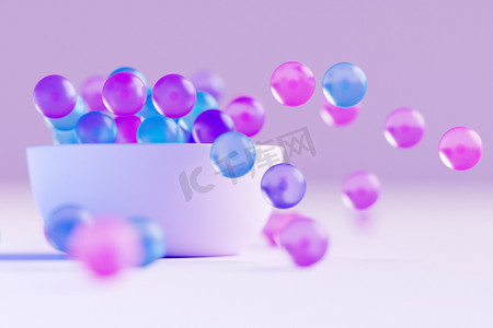 三维图像显示了一个彩色玻璃球在粉色背景上向不同方向飞行的大盘子。Shiny珠子