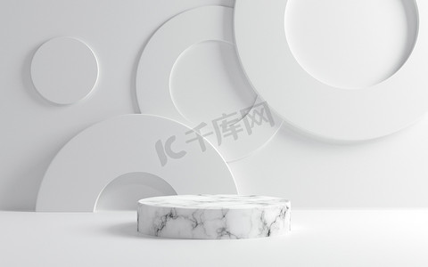 白色大理石台面摄影照片_白色底座上的空白白色大理石台面,产品台面.3D渲染