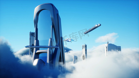 乌云中的未来主义科幻小说城市。乌托邦。未来的概念。飞旅客运输。空中奇景。3d渲染.