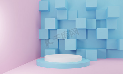 3D以蓝白柔和的色调渲染了一个讲台，用于在几何形状的背景下演示产品。数字图像的说明.