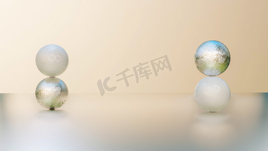 白色和银色的球体一个接一个地放在另一个之上。抽象的作文。3D渲染说明