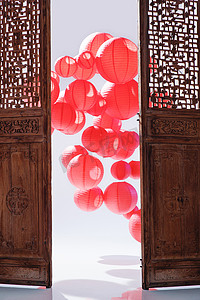 中式吉祥图案摄影照片_红灯笼和中式的门