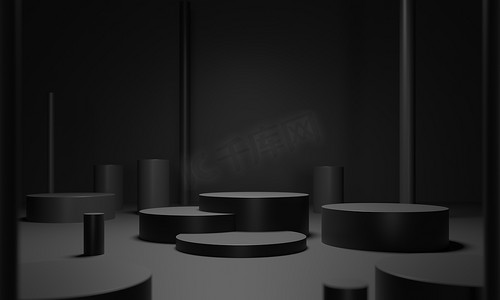 圆形底座,实心黑色圆筒-3d渲染插图.创意广告的雕塑构图。空荡荡的讲台,产品推广的基础.奢华的黑色背景