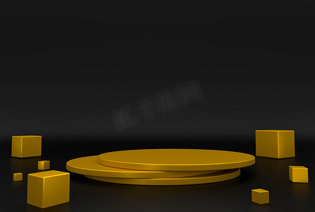 3D渲染。抽象背景下的金色和金色方块、化妆品展示的抽象平台