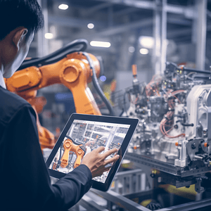 工业平板摄影照片_自动化机械臂机在智能工厂中的应用汽车工业工业第四次物联网数字化制造操作