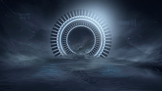 水中月亮摄影照片_未来派幻想的夜景与抽象的风景与岛屿,月光,光芒,月亮,霓虹灯.黑暗的自然景观,在水中反射光线.Neon space galaxy portal.3D插图. 